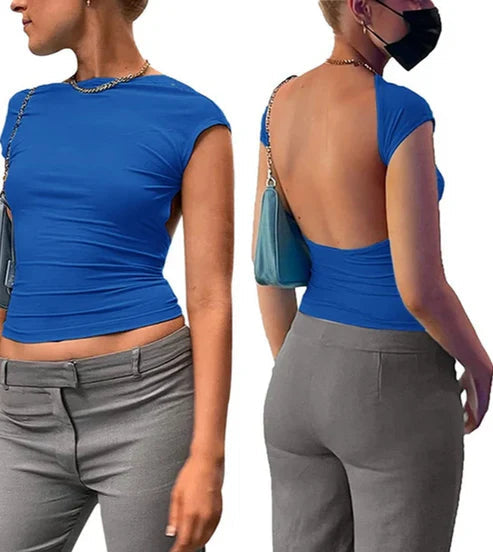 Backless Crop Top Fashion Tee Shop Monterra Donkerblauw XS