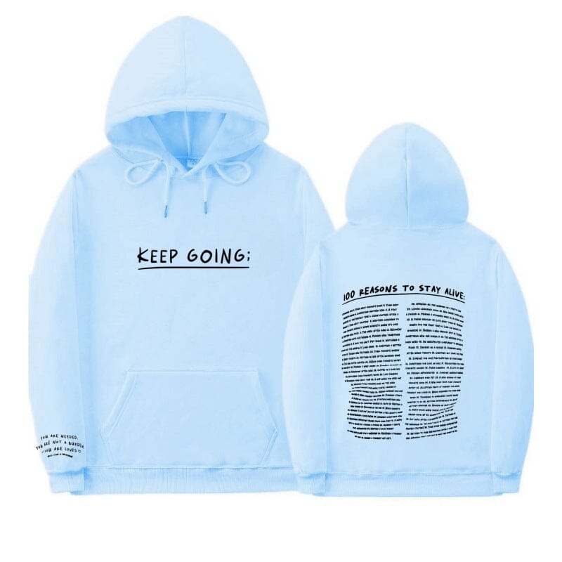 100 Reasons To Stay Alive Hoodie (Keep Going) Shop Monterra Light Blue (Black Text) S 